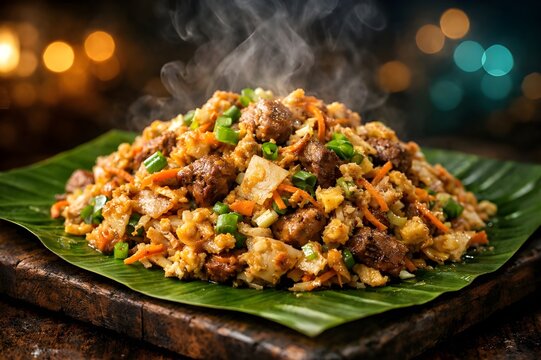 Steaming Asian Street Food Kottu Roti on Banana Leaf