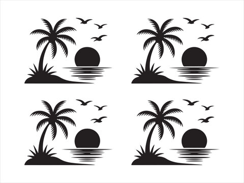 Set of 4 tropical island silhouettes with palm trees, birds and sun flat vector, black summer vacation landscape nature icon design collection