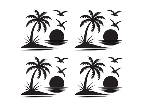 Set of 4 tropical island silhouettes with palm trees, birds and sun flat vector, black summer vacation landscape nature icon design collection