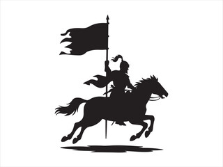 Fototapeta premium Horse knight back silhouette vector logo, Knight on horse silhouette vector illustration, medieval warrior flag icon design