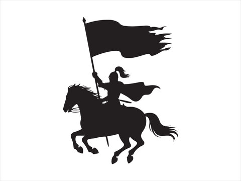Horse knight back silhouette vector logo, Knight on horse silhouette vector illustration, medieval warrior flag icon design