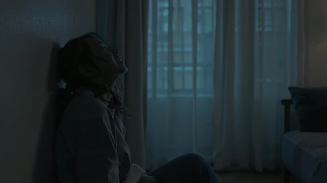 Woman sitting on floor with head tilted back, experiencing emotional distress in dim light