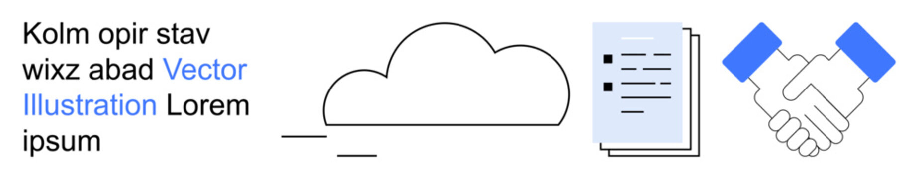 Cloud storage, collaboration, business agreements, document management, teamwork, digital communication. A cloud, document and handshake icon. Cloud storage and collaboration concepts
