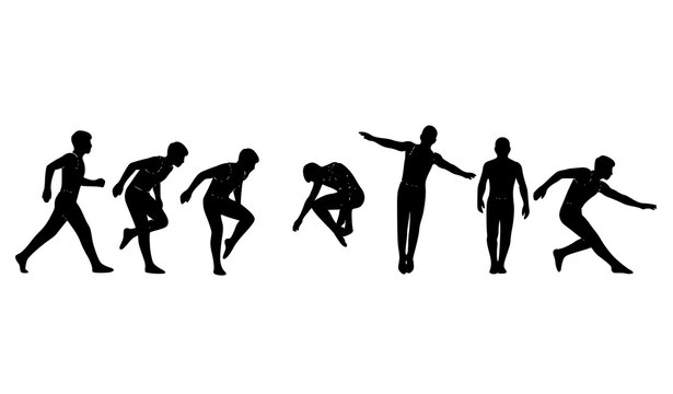 Male gymnast motion sequence silhouette vector showing jump and landing artistic gymnastics action
