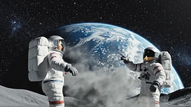 Two astronauts stand on moon dust. They face a soccer ball, eyes focused, feet still. One player kicks, dust swirls. Earth looms, grand and distant. The scene blends sport with cosmic wonder