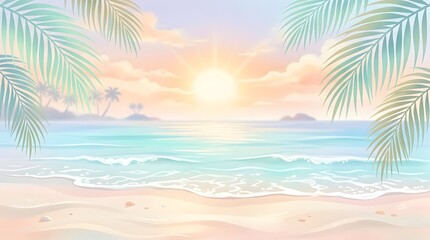 Obraz premium Beautiful tropical beach landscape illustration with sunset over the ocean waves and palm leaves framing the view