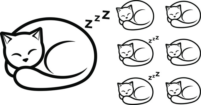 Sleeping cat pet line icon set featuring curled feline resting poses peaceful nap symbols and domestic animal illustration collection
