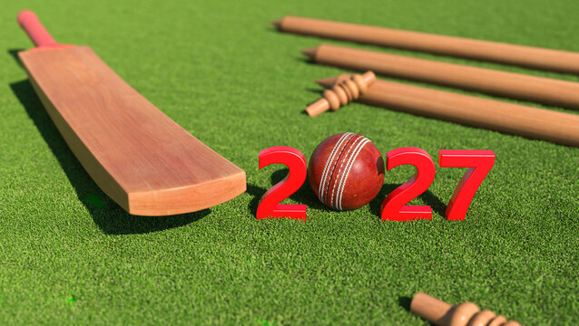 New Year 2027 Creative Design Concept with cricket ball - 3D Rendered Image