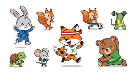 Fototapeta premium Playful cartoon animals, including a rabbit, fox, and bear, engage in running and jumping sports on a white background, promoting a healthy lifestyle concept with a playful illustration