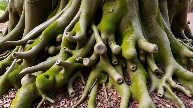 nodular. Gnarled roots of an old tree protruding from the ground, forming nodular structures. gardening catalogs, home-decor guides, designed for gardening and botanical catalogs.