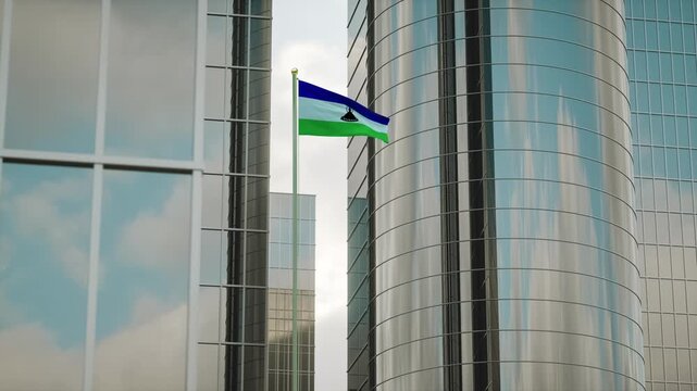 Lesotho Flag 3D Render Animation on Pole with City Buildings
