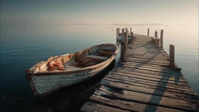 Small boat on a wooden dock.