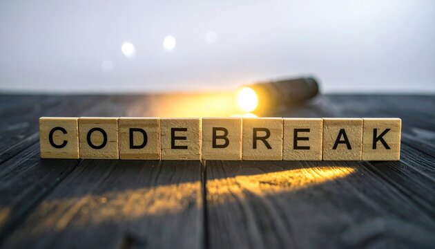 Wooden tiles spelling CODEBREAK glowing under dramatic light source