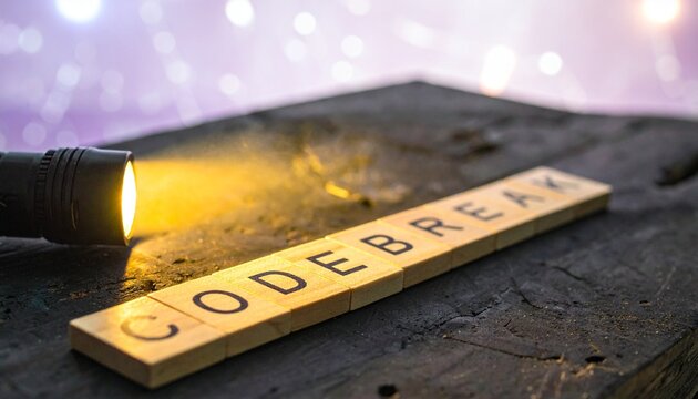 Wooden tiles spelling CODEBREAK glowing under dramatic light source