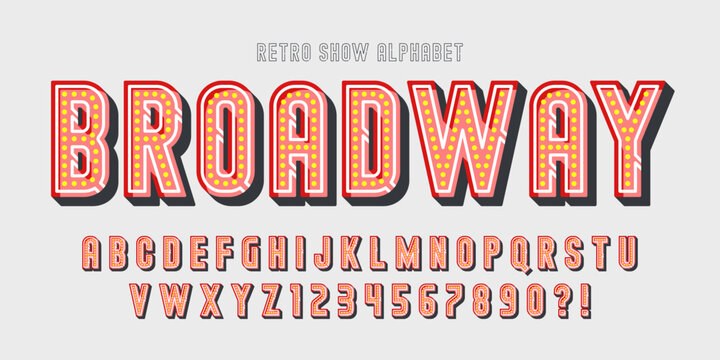 Retro marquee show alphabet design, circus, fairy LED lamps letters and numbers.