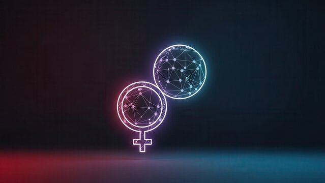 Digital representation of female identity and interconnectedness in a vibrant neon glow