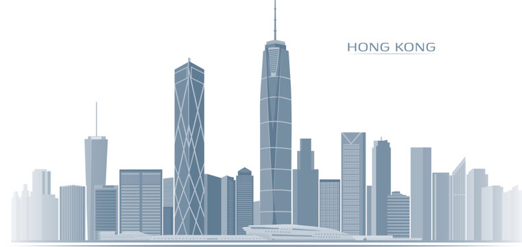 Hong Kong skyline detailed vector with IFC and Bank of China Tower modern corporate style