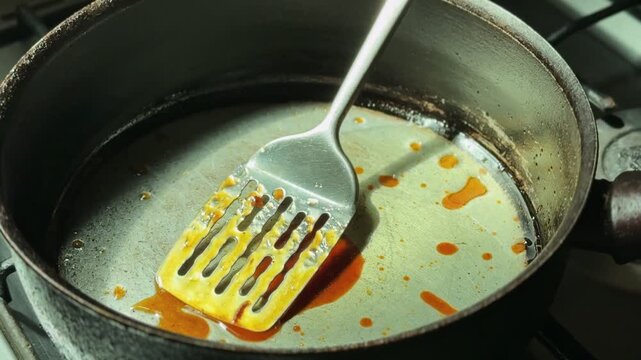 Overhead close-up of a dirty frying pan with metal spatula and orange oil residue on a gas stove, showing greasy cookware and post-cooking mess in a worn indoor kitchen.