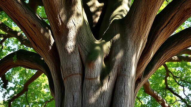 outflow. Close-up of an old oak tree's textured bark with carved initials under dappled sunlight. gardening catalogs, home-decor guides, designed for gardening and botanical catalogs.