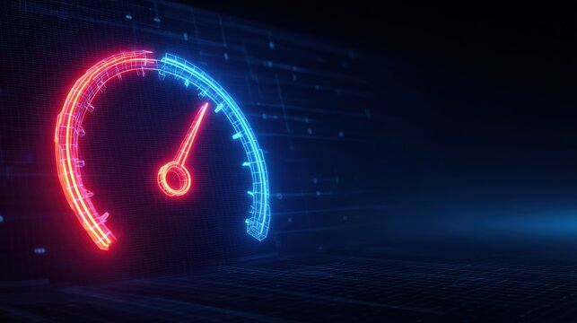 An eye-catching image showcases a dynamic neon speedometer on a dark background, evoking speed, efficiency, and progress. ..Created with Generative AI, not depicting real subjects.