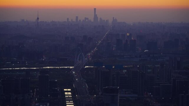 Beijing Panoramic Cityscape at Dawn From New Shougang Bridge to CBD Skyline and China Zun