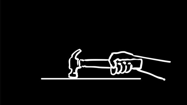 2d Animation motion graphics drawing of a hand with hammer banging striking table ground on white, black and green screen in 4K ultra-high-definition.