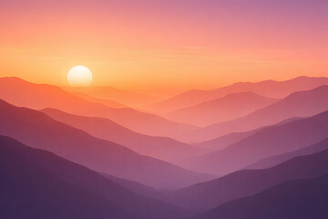 Obraz premium Calm sunset landscape with layered mountain silhouettes, soft warm gradients, and tranquil atmosphere, ideal for backgrounds.