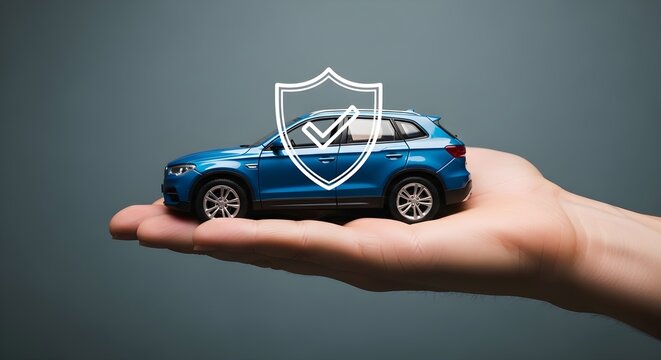 Hand cradling a miniature blue car, symbolizing robust auto insurance and comprehensive vehicle protection with a shield icon