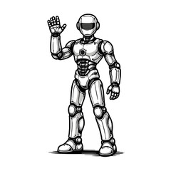 Fototapeta premium A friendly humanoid robot waves hello, showcasing advanced artificial intelligence technology in a clean, modern design illustration perfect for tech and future concepts and human-machine interaction