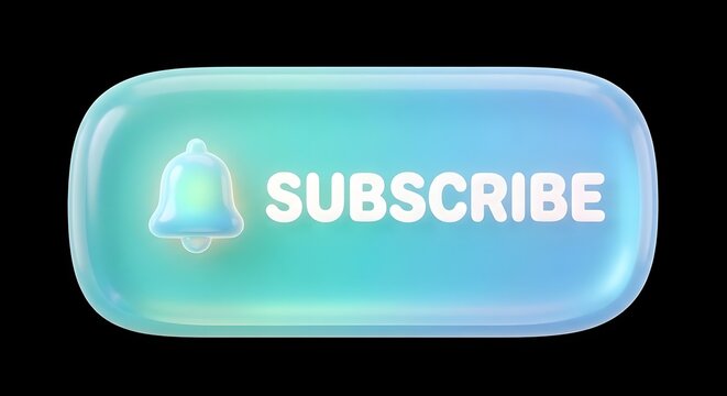 3D glossy Subscribe button with notification bell icon, vibrant teal and blue gradient on black background. Creative social media call to action and digital marketing element.