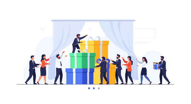 Business team unveiling giant gift boxes, surprise reveal, celebration, teamwork, success