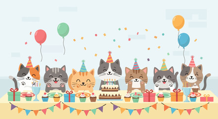 Obraz premium Cute Cats Birthday Party Celebration with Cake and Balloons