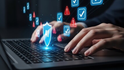 Obraz premium Ai security shield concept with human hands typing on laptop keyboard