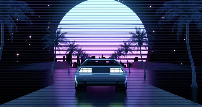 Car Retro sunset skyline 80s purple Futuristic Neon Background cyberpunk synth retrowave supercar