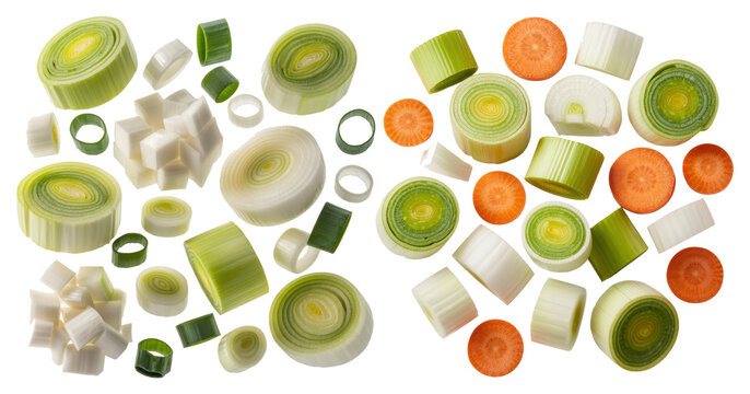 Sliced leeks and carrots creating a vibrant pattern on transparent background.