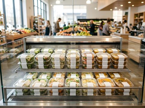Rows of Prepackaged Takeaway Meals in Grocery Display Fridge