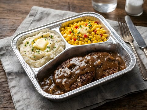 Retro Style TV Dinner in Aluminum Tray with Meat and Vegetables