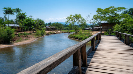 Obraz premium Wooden bridge leading towards a serene village with a river flowing through. The scene showcases natural beauty and tranquility.