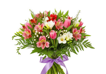 Fototapeta premium Vibrant colorful mixed flower bouquet featuring pink alstroemeria tulips and white freesias with purple ribbon isolated on transparent background