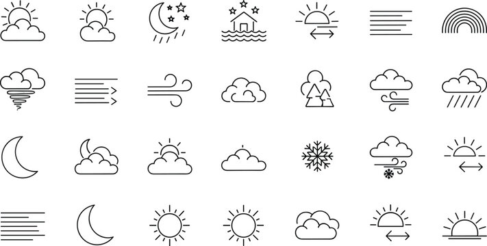 Weather forecast line icons set featuring sun cloud wind rain snow rainbow night climate meteorology symbols