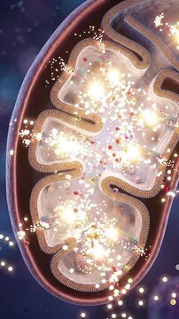 Mitochondria cell producing atp energy organelle cristae membrane electron metabolism closeup inside cell respiration electron transfer along membrane folds glowing particle motion cytoplasm