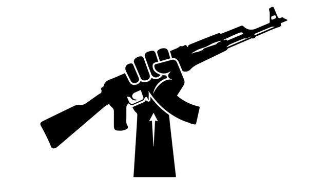 Fist holding up assault rifle in silhouette with fight for freedom armed struggle silhouette resistance uprising conflict