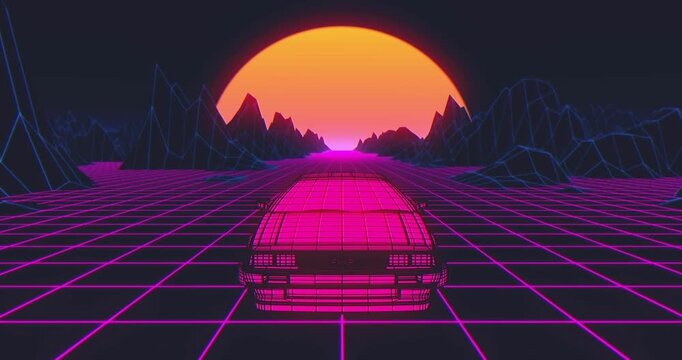 Car Retro sunset skyline 80s purple Futuristic Neon Background cyberpunk synth retrowave supercar