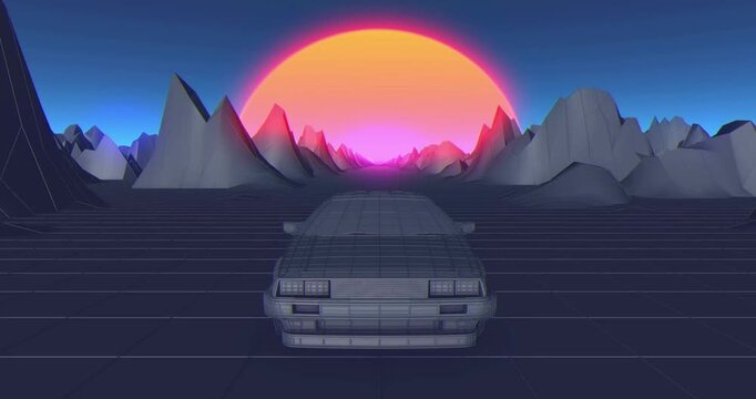 Car Retro sunset skyline 80s purple Futuristic Neon Background cyberpunk synth retrowave supercar