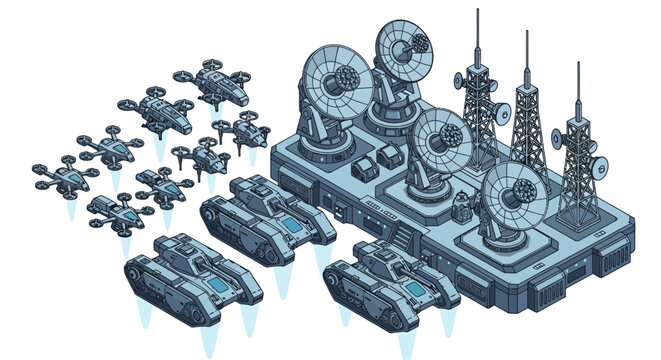 Isometric pixel art illustration of a futuristic military base with drones, tanks, and communication towers.