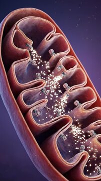 Mitochondria producing atp energy inside cell organelle biology medical illustration showing inner membrane folded cristae with glowing particles and enzymes for cellular respiration metabolism