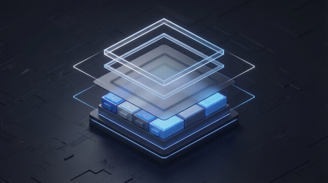 Futuristic isometric digital technology platform with glowing blue light layers on a circular metallic base over a dark circuit background, concept for data and cloud computing system.