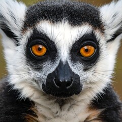 Naklejka premium A close-up of a lemur's face with striking orange eyes