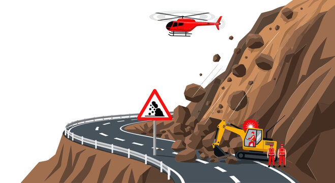 Landslide Rescue: Helicopter, Excavator, and Emergency Workers Respond to Mountain Road Disaster