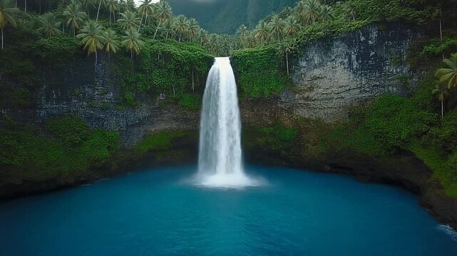 A majestic waterfall cascades into a serene blue pool surrounded by lush greenery and rugged cliffs.